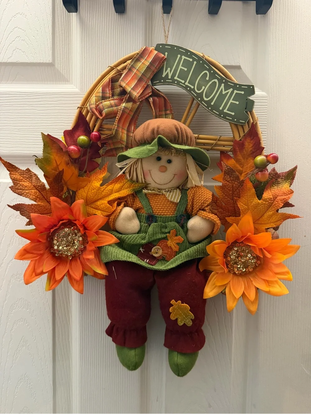 Autumn Welcome Scarecrow Wreath - Orange & Green Fall Door Decor